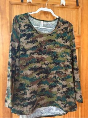 LuLaRoe Women’s Long Sleeve Camouflage Print Top - Olive Green